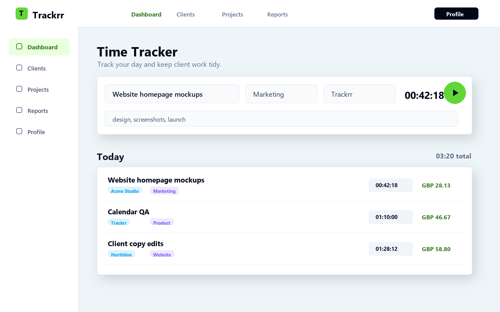 Trackrr web dashboard timer mock screenshot